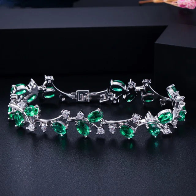 Pera Natural Royal Women Jewelry Silver Color Dark Blue CZ Crystal Leaf Chain Link Bracelets and Bangles for Party Gift B042