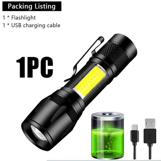 COB+XPE Mini Portable Flashlight Zoomable Small Torch USB Rechargeable Outdoor Camping Fishing Long Range Emergency Lantern