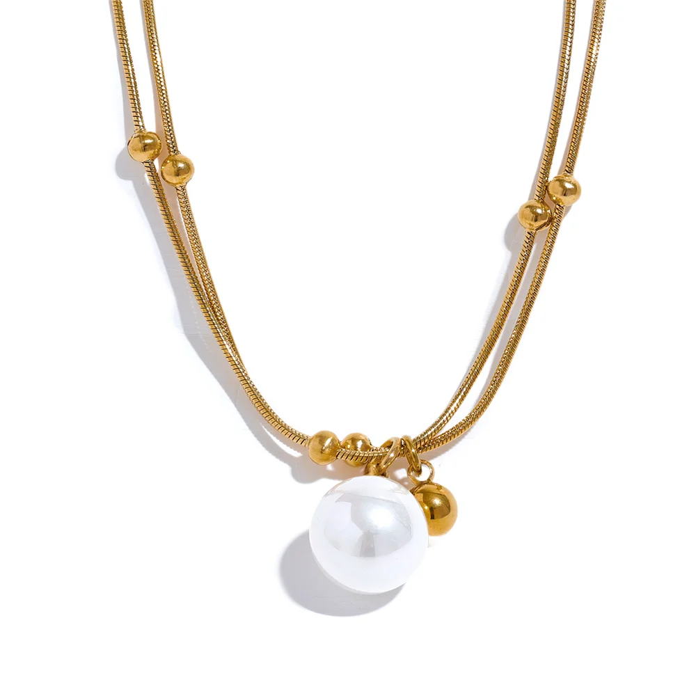 Yhpup Elegant Imitation Pearls Stainless Steel Round Beads Chain Pendant Necklace for Women Gold Silver Color Korean Jewelry