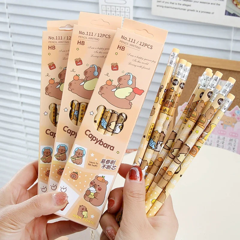 12Pcs/Pack Cartoon Animal Capybara Theme HB Writing Pencils for Kids Birthday Party Favors Back To School Rewards Goodie Bag