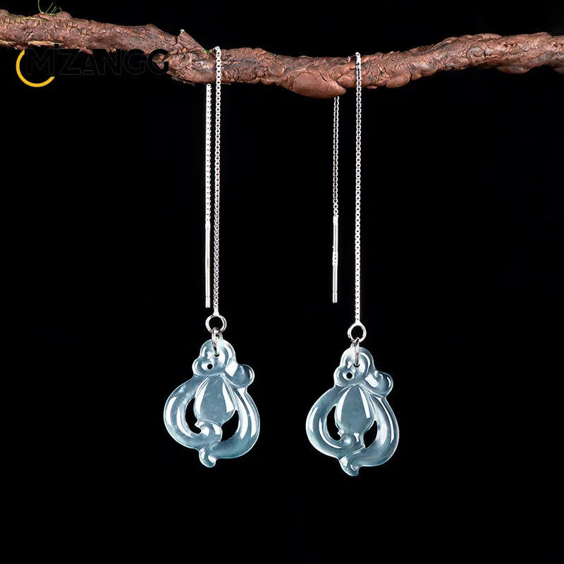 Original Natural Jadeite Blue Water Orchid Ear Line S925 Silver Ice Jade Personality Exquisite Fashion Women's Jewelry Gift