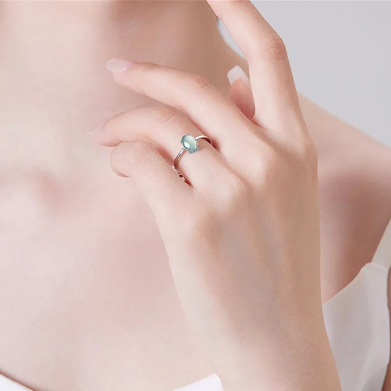 S925 Silver Natural A-grade Jade Blue Water Elliptical Egg Face Ring Ice Seed Jadeite Fashion Women's Gifts Jewelry Adjustable