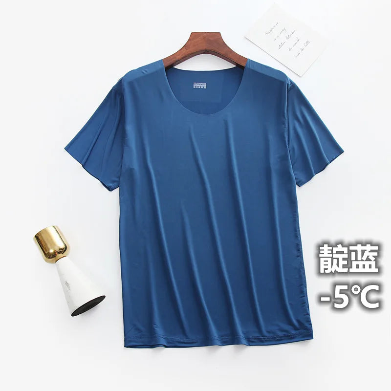 Summer Ultra-thin Sleep Tops Liquid Ice Silk Round Neck High-elastic Leisure Home Cooling Bottom Tshirts Lightweight Pajama Top