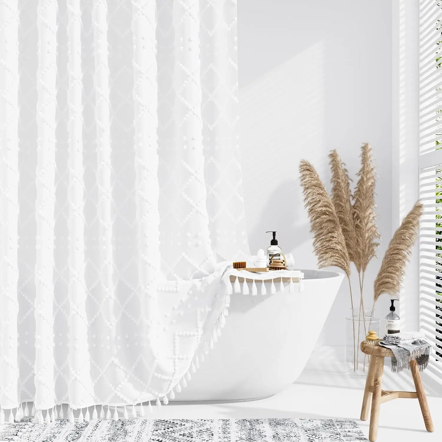 Soft Diamond-Patterned Shower Curtain - Waterproof  Fabric with Boho Tassels,12 Plastic Hooks Included for Modern Bathroom