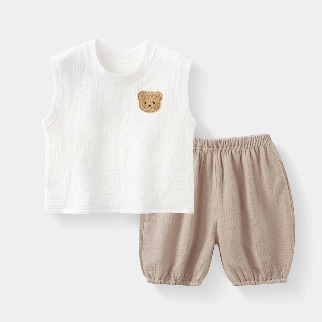 2026 Kids Boy Girl Summer 2Pcs Outfit Set Bear Sleeveless Cotton Vest + Lantern Shorts Childrens Clothes for Outdoor Wear