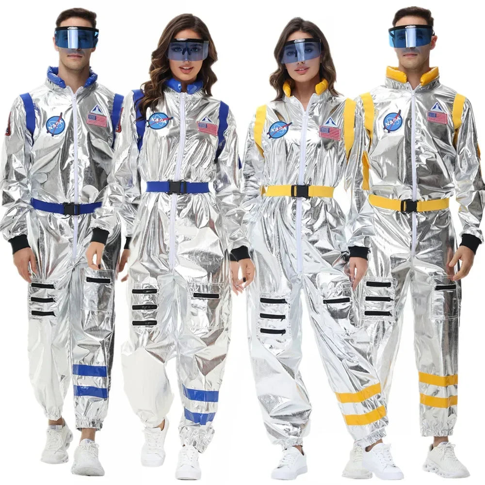 Adults Silver Astronaut Costume Space Suit Men Women Couple Jumpsuit Cosplay Halloween Carnival Party Dress Up