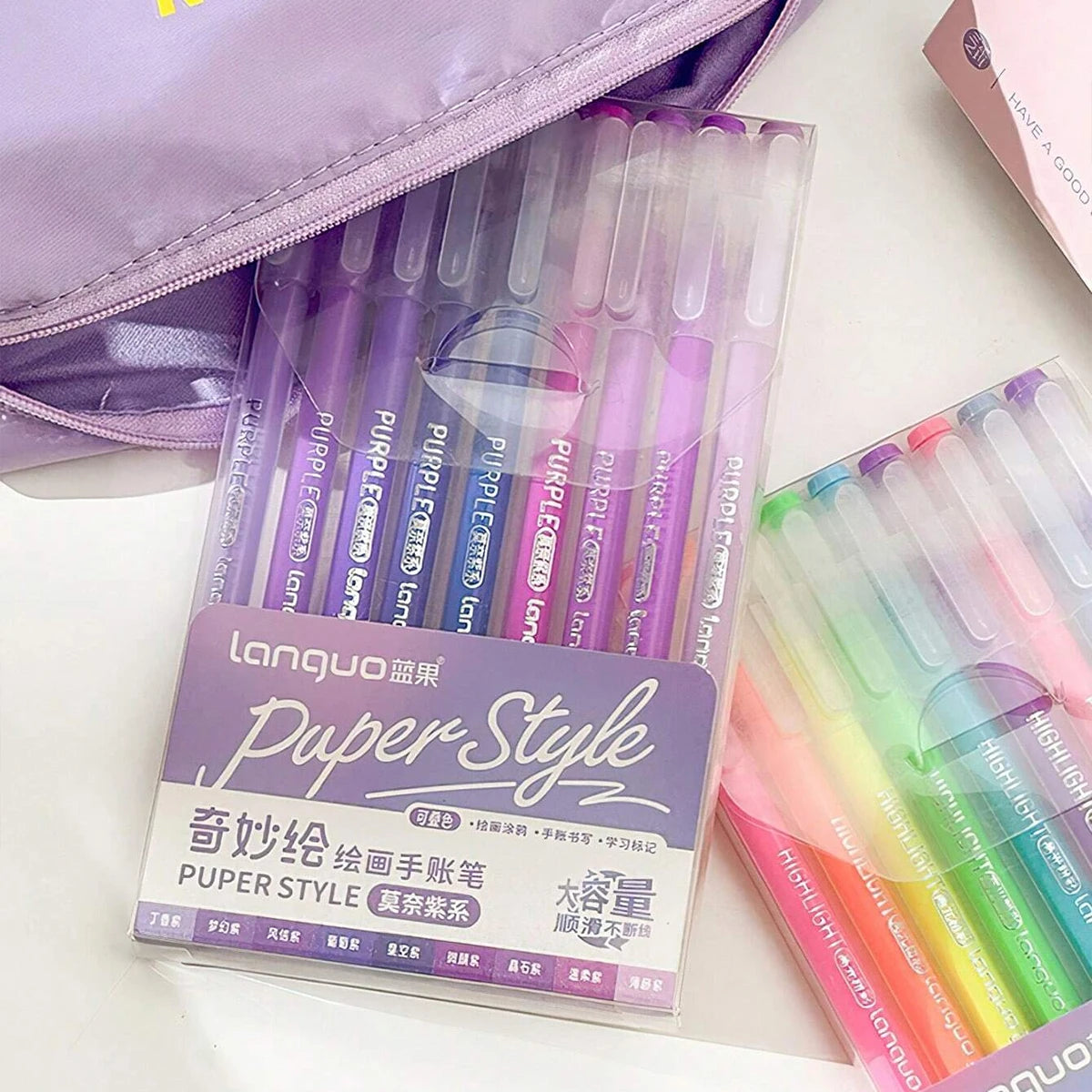 Languo Gel Pen Large Capacity Handbook Pens 6/9Pcs 0.6mm Student Art Diy Doodling Drawing Markers Office Kawaii Art Stationery
