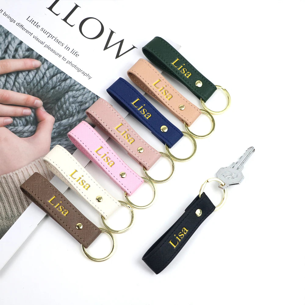 Custom name solid color Safayano pattern PU leather family key chain Christmas birthday gift car key chain