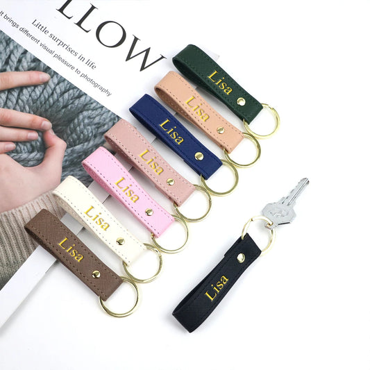 Custom name solid color Safayano pattern PU leather family key chain Christmas birthday gift car key chain