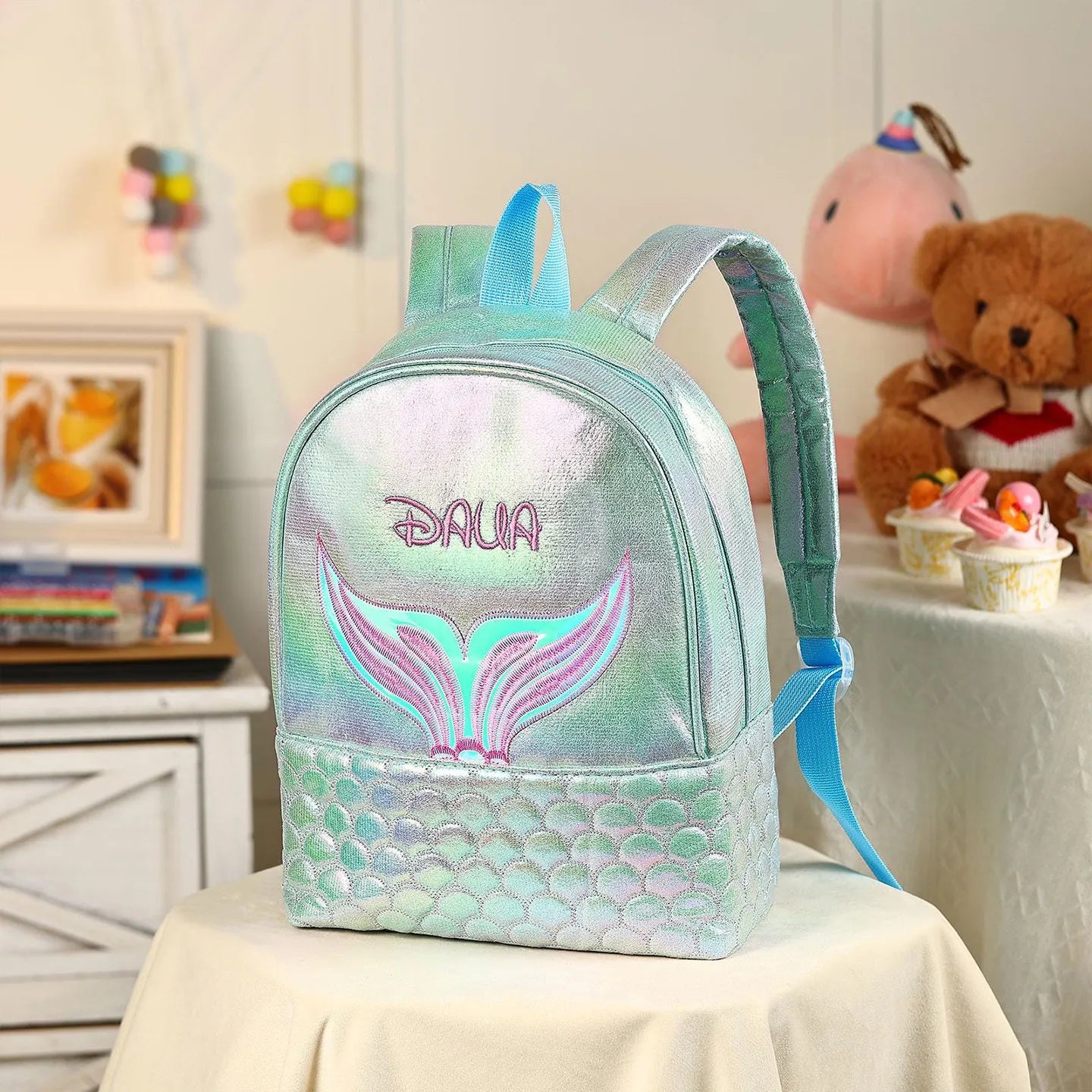 Iridescent Mermaid Tail PU Backpack for Girls  Custom Name Embroidery Adjustable Straps 6 Colors Lightweight School Bag