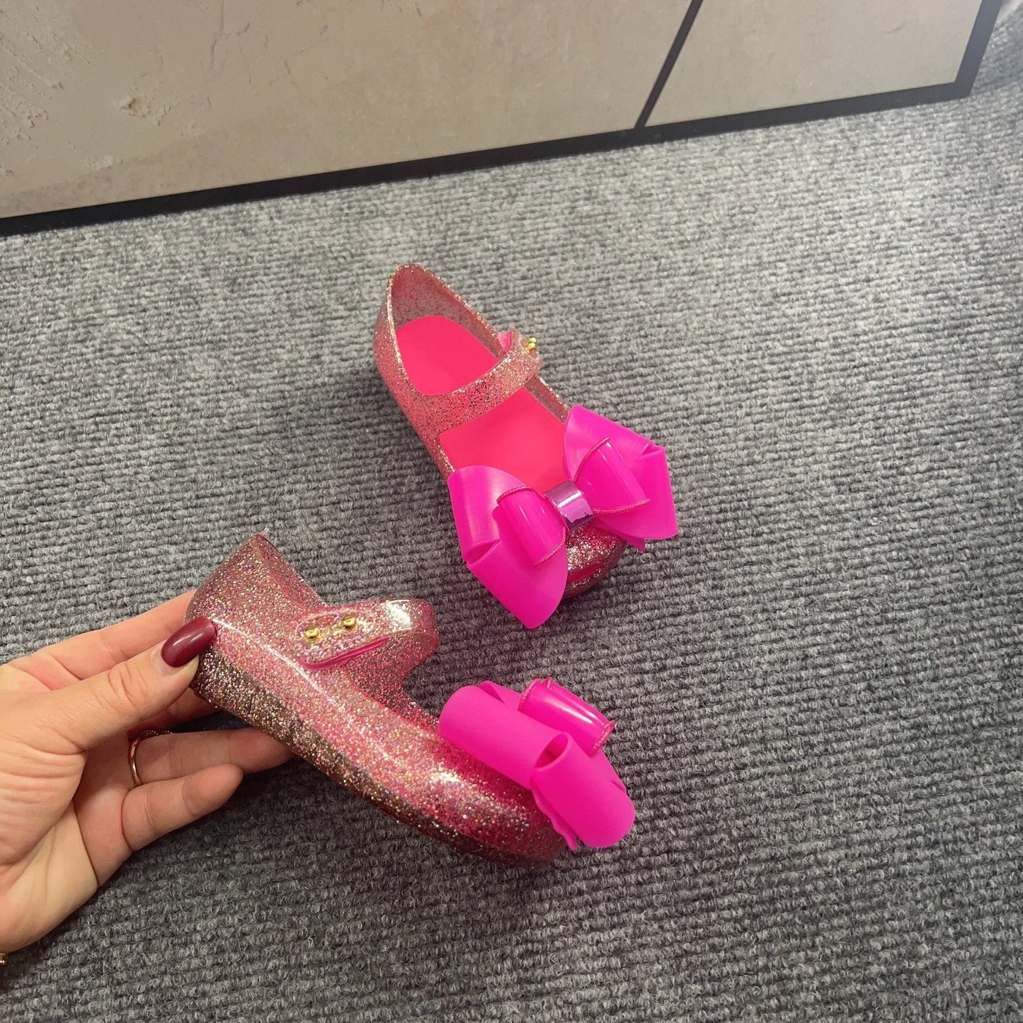New Style Hot Sale Spring Children Single Jelly Shoes Sister's Fashion Big Bow Princess Flat Summer Beach Sandals HMI104
