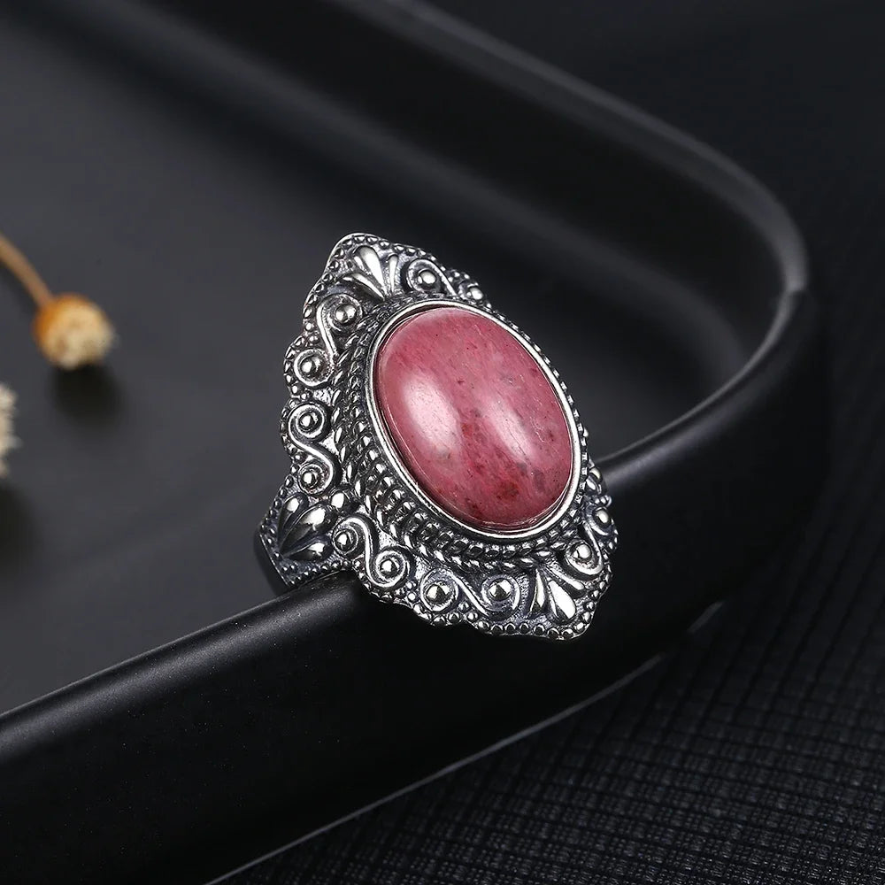 Natural Rhodochrosite Rings Women's S925 Silver Jewelry Ring Gifts Vintage Fine Wedding Ring