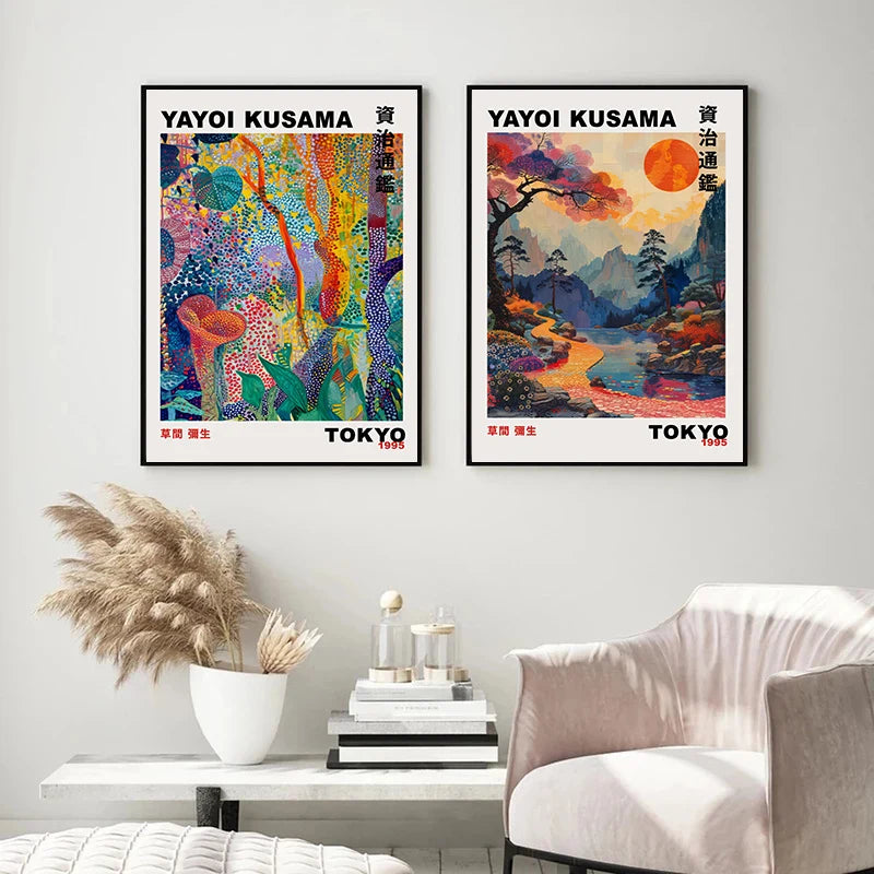 Colourful Yayoi Kusama Mountains and Rivers Poster Vintage Japanese Matte Canvas Material Mural Gallery Bedroom Wall Art