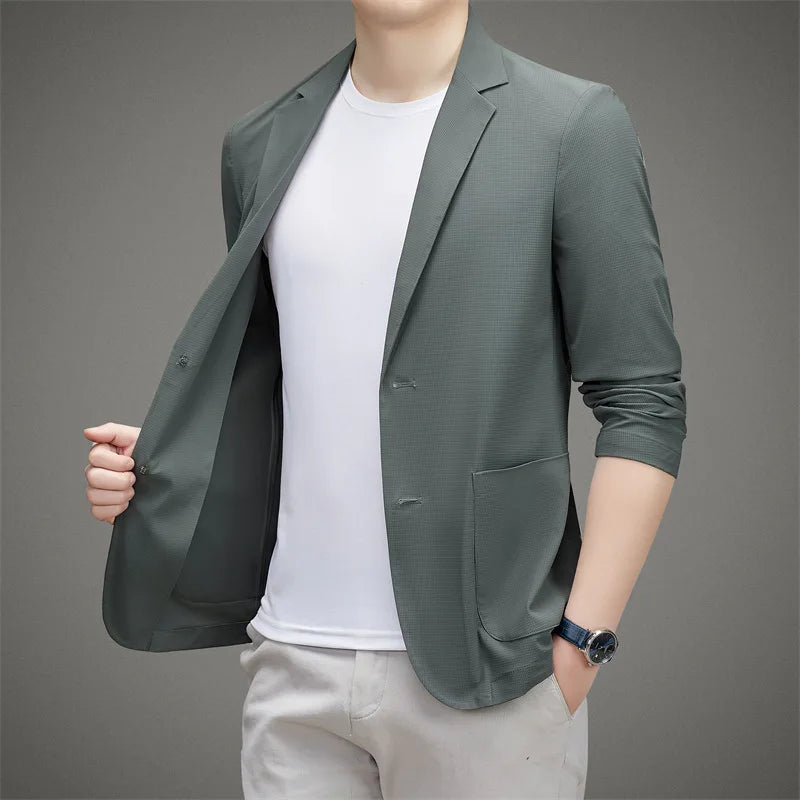 Minimalist Men Casual Blazer Ice Silk Nylon Spandex Seamless High Stretch Sun Protection Cooling Summer Breathable Tech Jacket