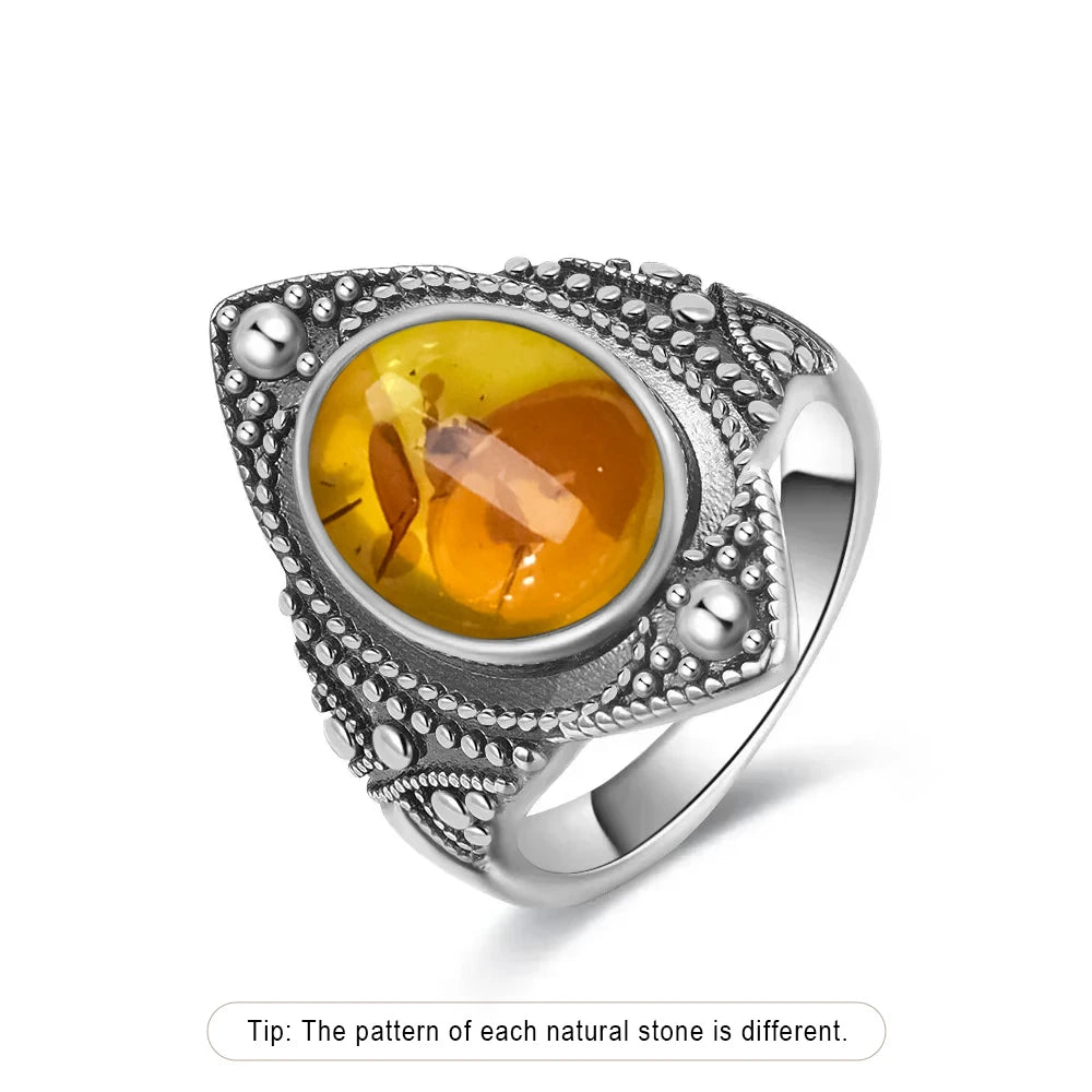 Certified Sterling Silver 925 Petal Amber Ring with Yellow Oval Natural Stone Ring Flower Jewelry Vintage Rings for Women Men