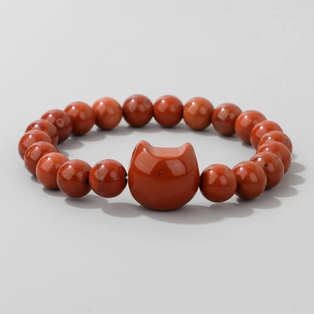 Natural Cat Head Carved Stone Bracelet Tiger Eye Amethyst Agate 8mm Round Gem Bead Elastic Bracelets For Women Men Jewelry Gift