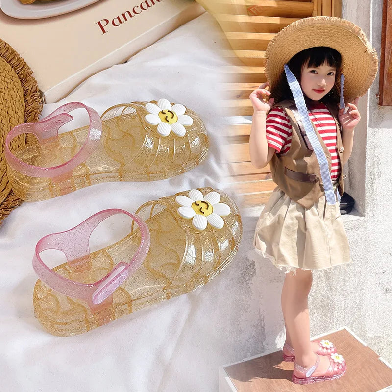Children's Glitter Crystal Sandals Girls Flower Smiley Face Jelly Beach Sandals Toddler Garden Shoes Kids Non-slip Casual Shoes