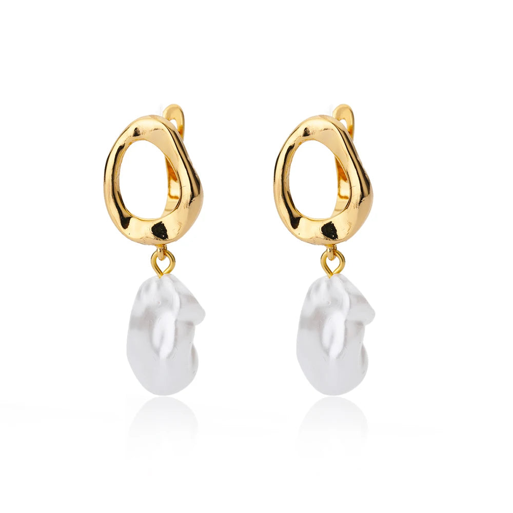 Zircon Natural Pearl Earrings For Women Gold Plated Stainless Steel Geometric Hoop Pearl Earring Wedding Bridesmaid Jewelry Gift