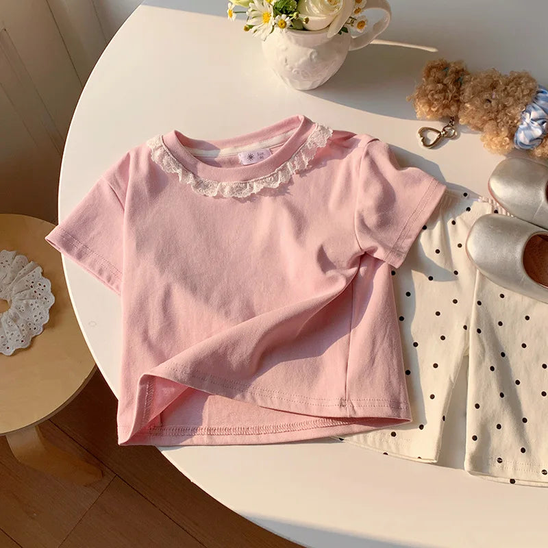 2-10T Cotton Summer Girls Top Infant T Shirt Toddler Kid Baby Clothes Short Sleeve Lace Tshirt Childrens Tee Outfit