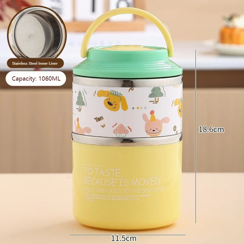 Thermos Bento Box Cartoon Pattern Double Layer Stainless Steel Lunch Box Office Workers Students Portable Thermos Food Container