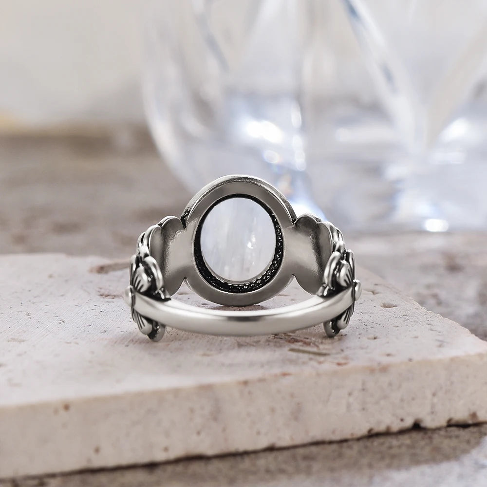 Vintage S925 Sterling Silver Rose Flower Ring With Oval 8*10mm Natural Moonstone Sweet Ring Fine Jewelry For Woman