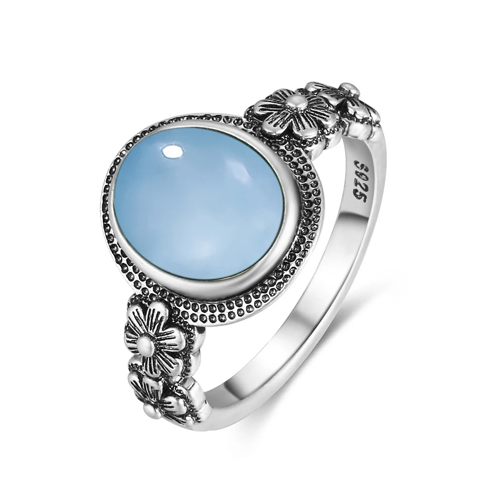 Vintage S925 Sterling Silver Rose Flower Ring With Oval 8*10mm Natural Moonstone Sweet Ring Fine Jewelry For Woman