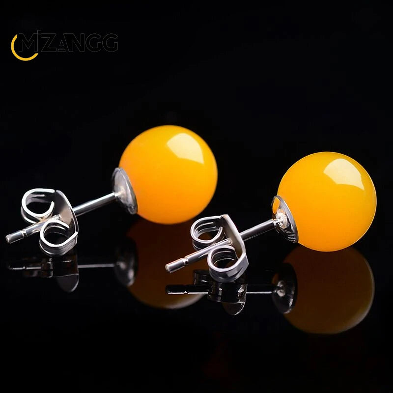 Natural Chicken Oil Yellow Beeswax Round Bead Earrings New S925 Silver Red Amber Eardrops Luxury Classic Women's Jewelry Mascots