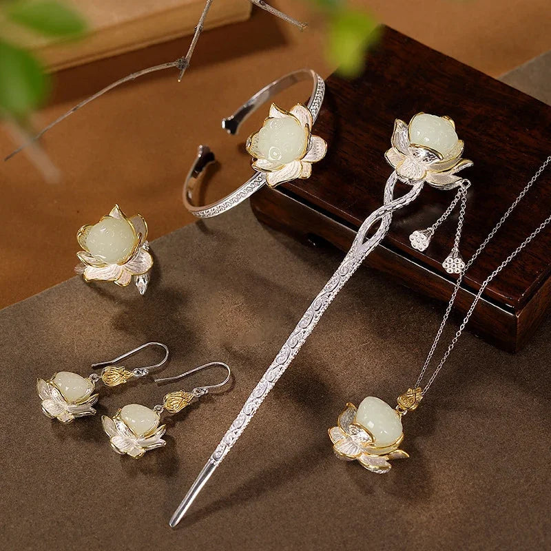 Classic Lotus Flower Jewelry Sets Natural Hotan Jade Various Exquisite Ring Earrings for Women Pendant Hairpin Brooch Bracelets