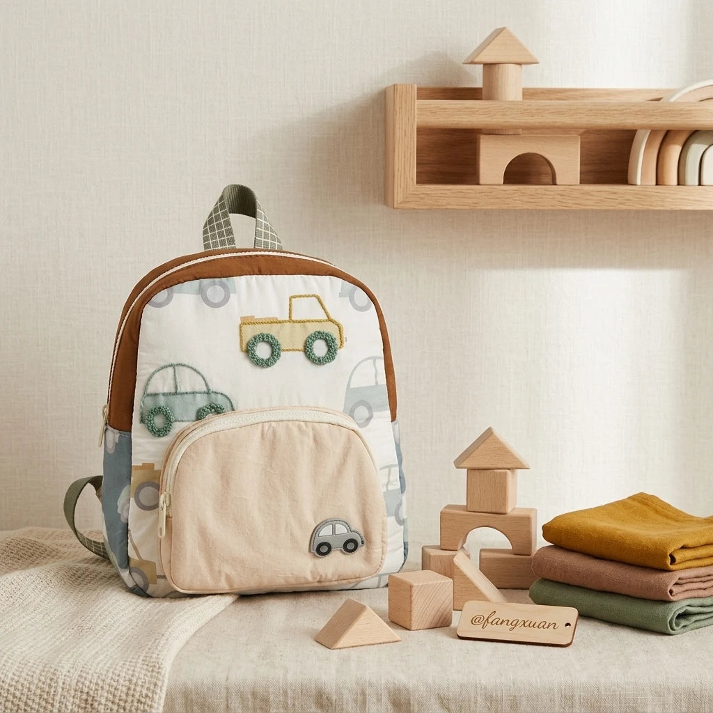 New Car Embroidery Children S Backpack Lightweight Durable Cotton Material Cute Boys and Girls Kindergarten Preschool Schoolbag