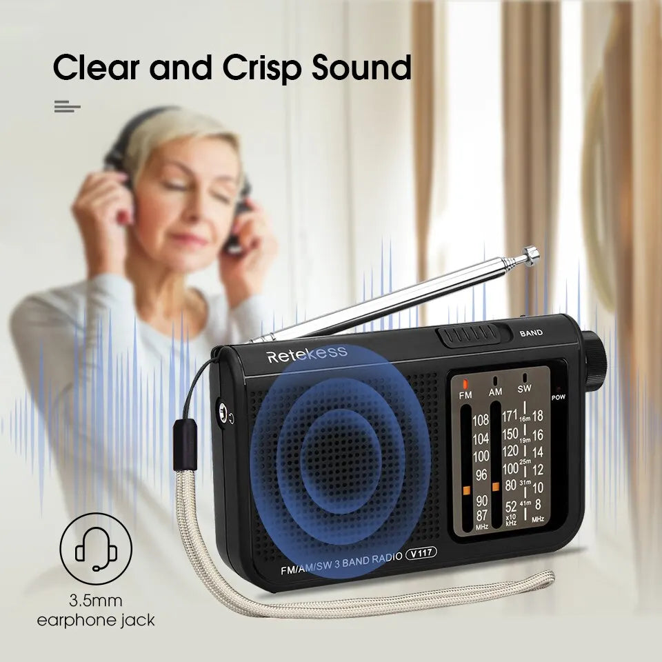 Retekess V117 Analog AM FM Radios ABS Material Shortwave Radio with Telescopic Antenna Large Knobs Ideal for Indoor and Senior