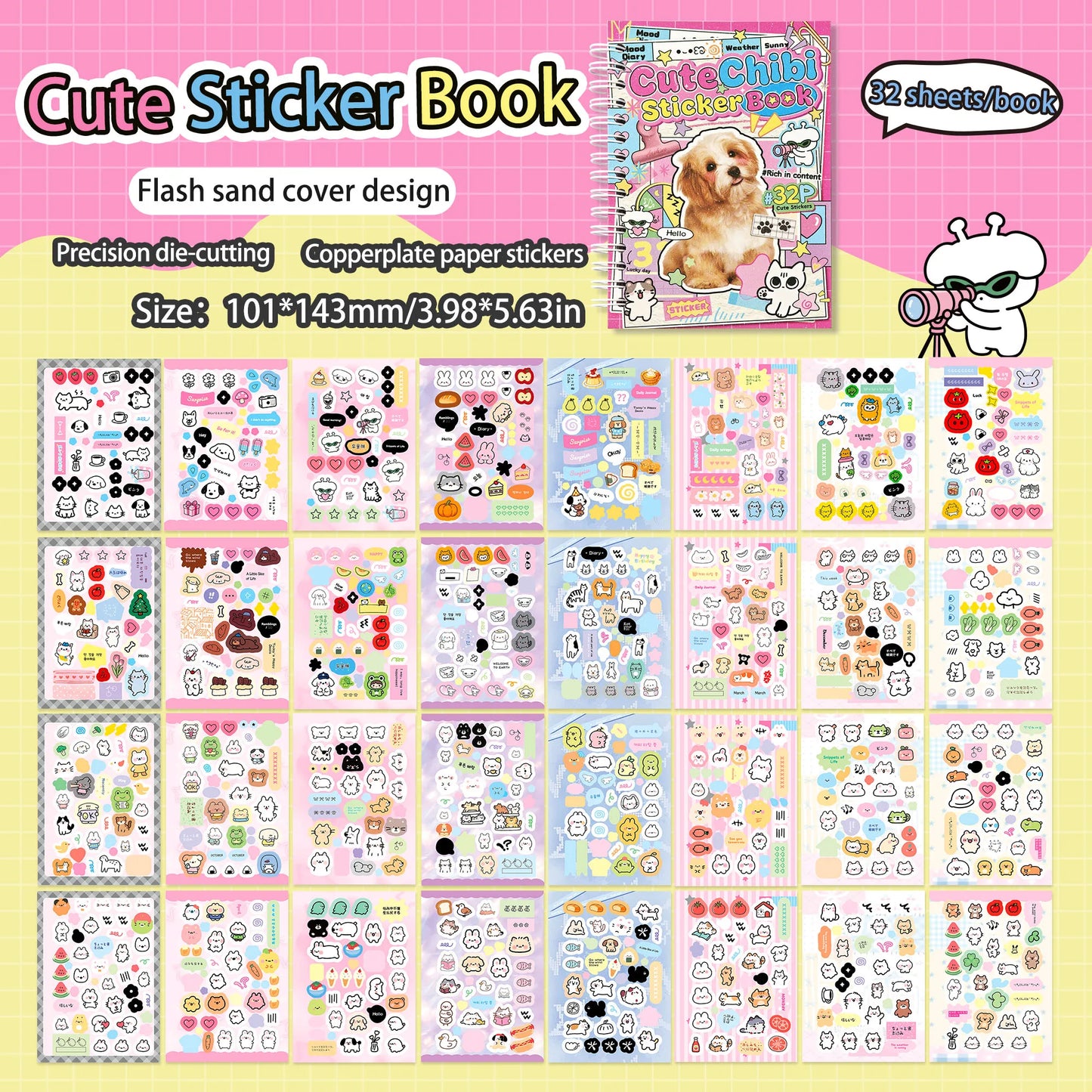 1600+ Materials, 32 Cute Animal Sticker Books, Double Spiral Binding with Built-In Die-Cutting, DIY Decoration Sticker Material Books for Journals/Water Bottles/Notebooks, Etc