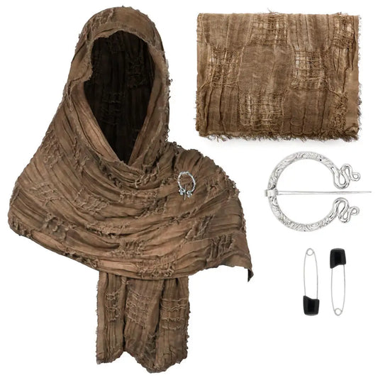 Medieval Hooded Shawl Cloak with Brooch – Tattered Renaissance & Viking Costume Accessory