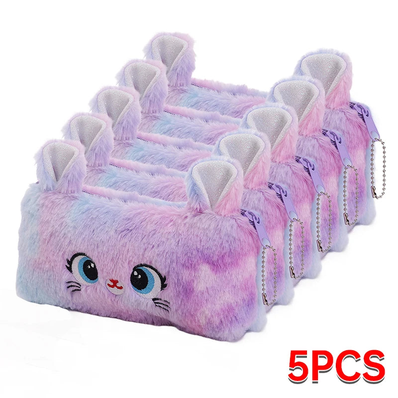 1/5/10PCs Plush Cartoon Pencil Case Cute Cat Pencil Pouch Large Capacity Pencil Bag Stationery for Girls Kids Back to School