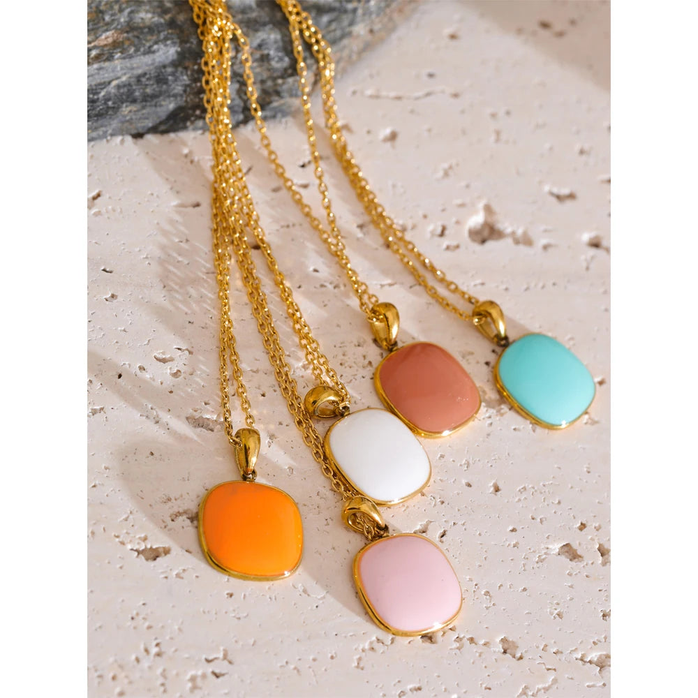 Yhpup Candy Color Sweet Square Pendant Necklace Stainless Steel Gold Color PVD Plated Basic Fashion Jewelry for Women for Girl