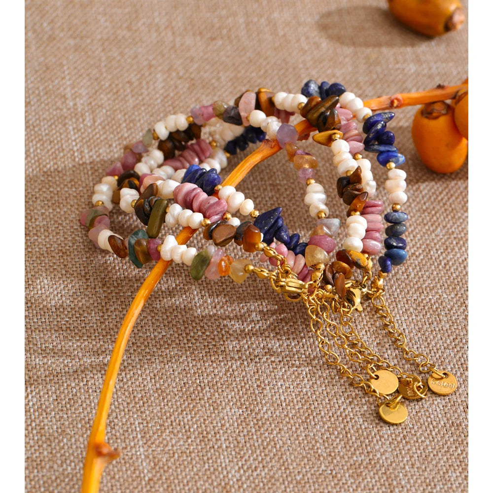 Yhpup Natural Stone Freshwater Pearl Beads Chain Handmade Bracelet Bangle Waterproof Stainless Steel Basic Wrist Summer Jewelry