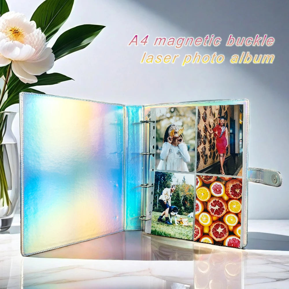 A4 Laser PU Leather Binder Scrapbook with Magnetic Closure & D-Shaped Metal Rings 11-Hole Pages for Photos, Cards, Tickets, Coin