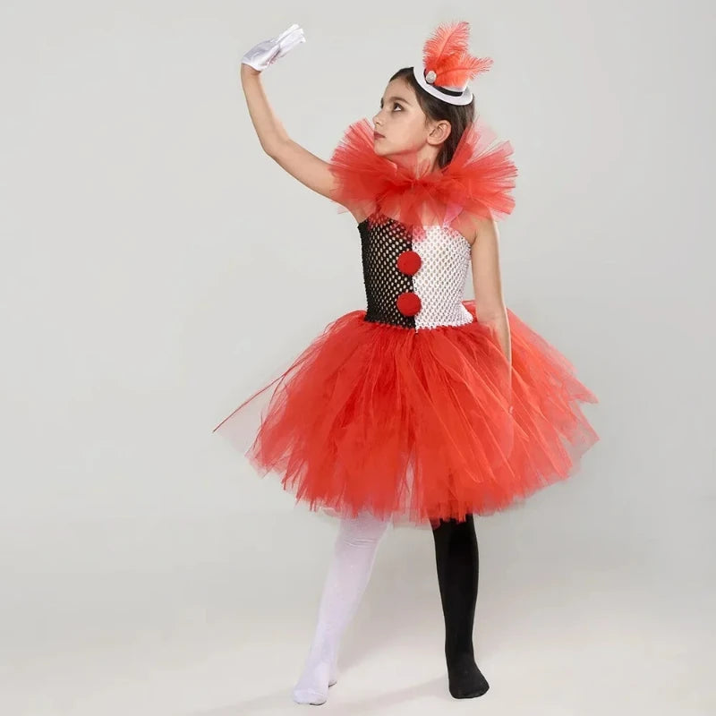 Doll Clown Costume Girl Kids Halloween Circus Tutu Dress with Hairclip Stockings Kids Funny Role Play Carnival Dress Up Outfits