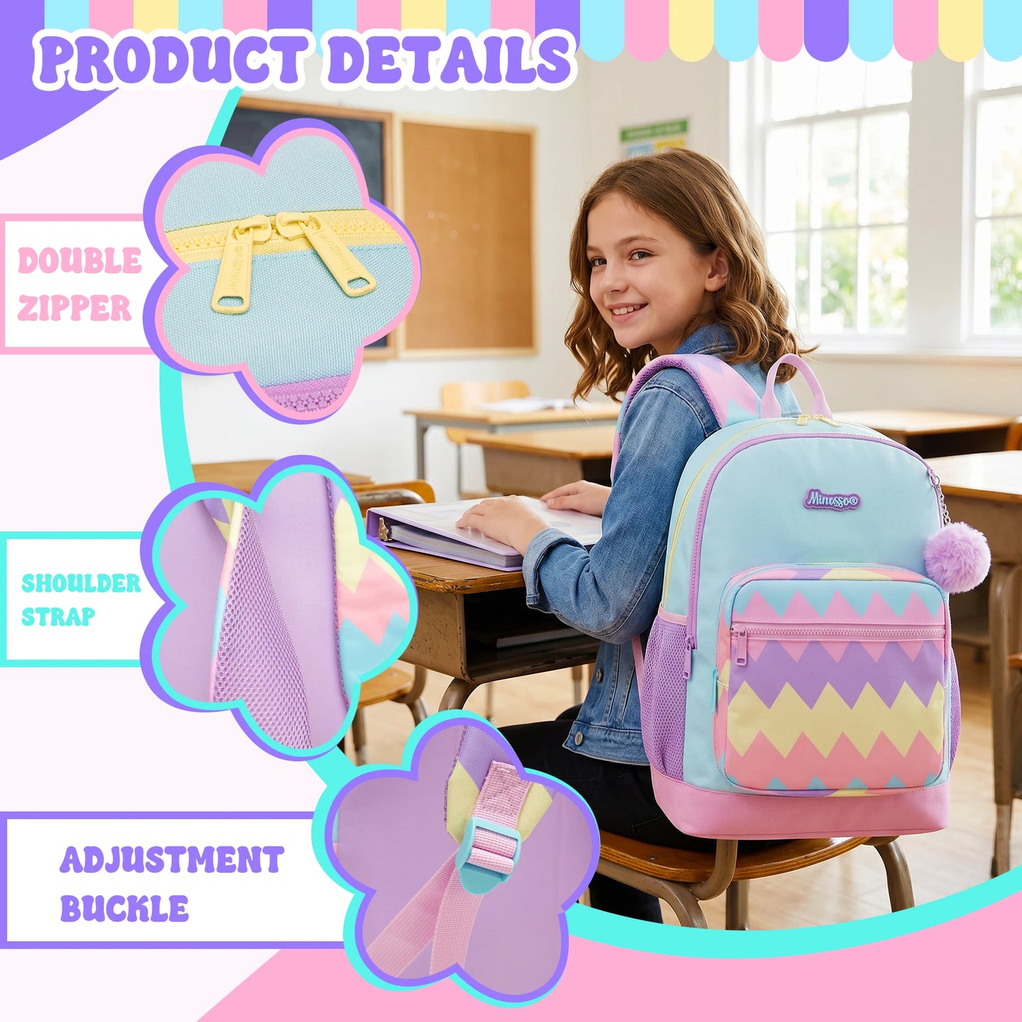 Cute Lightweight School Backpack for Girls 6-8, Kids Bookbag with Insulated Lunch Box, Elementary Daypack for K-3rd Grade