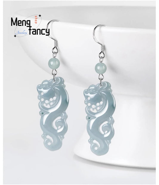 S925 Silver Inlaid Natural A goods Jadeite Blue Water Retro Dragon Ice Jade Earrings Exquisite High-grade Luxury Quality Jewelry