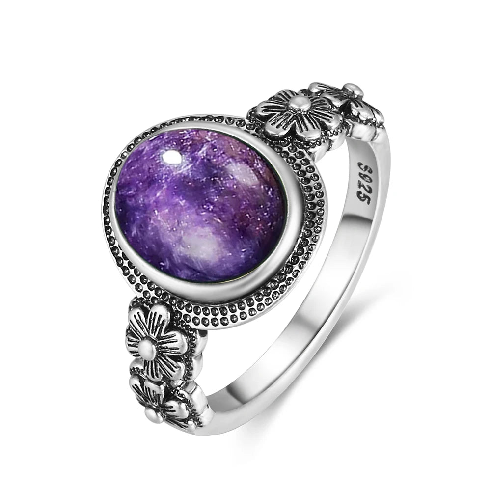 Vintage S925 Sterling Silver Rose Flower Ring With Oval 8*10mm Natural Moonstone Sweet Ring Fine Jewelry For Woman