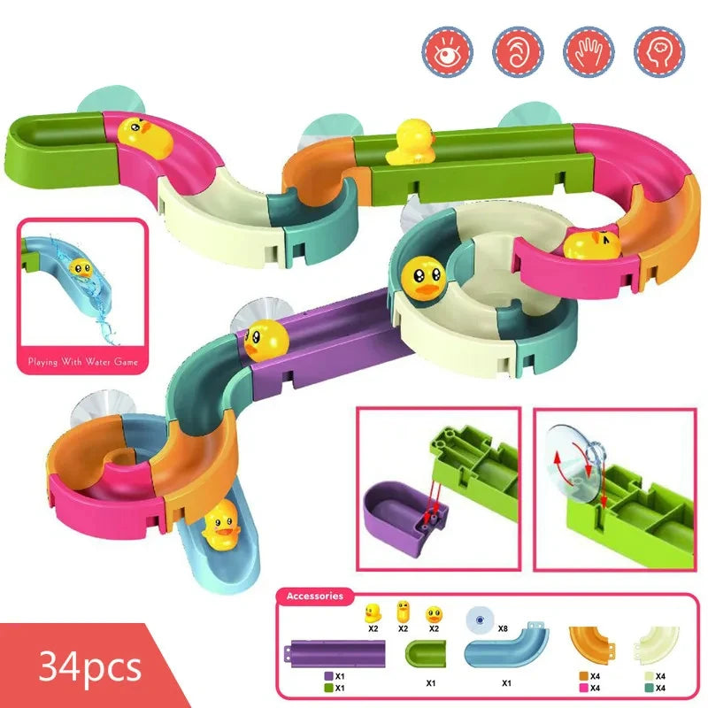 Children's Baby Duck Slide Bath Toys DIY Marble Assembly Track Stackable Bathtub Bath Track Water Game Toy Set Kids Gifts