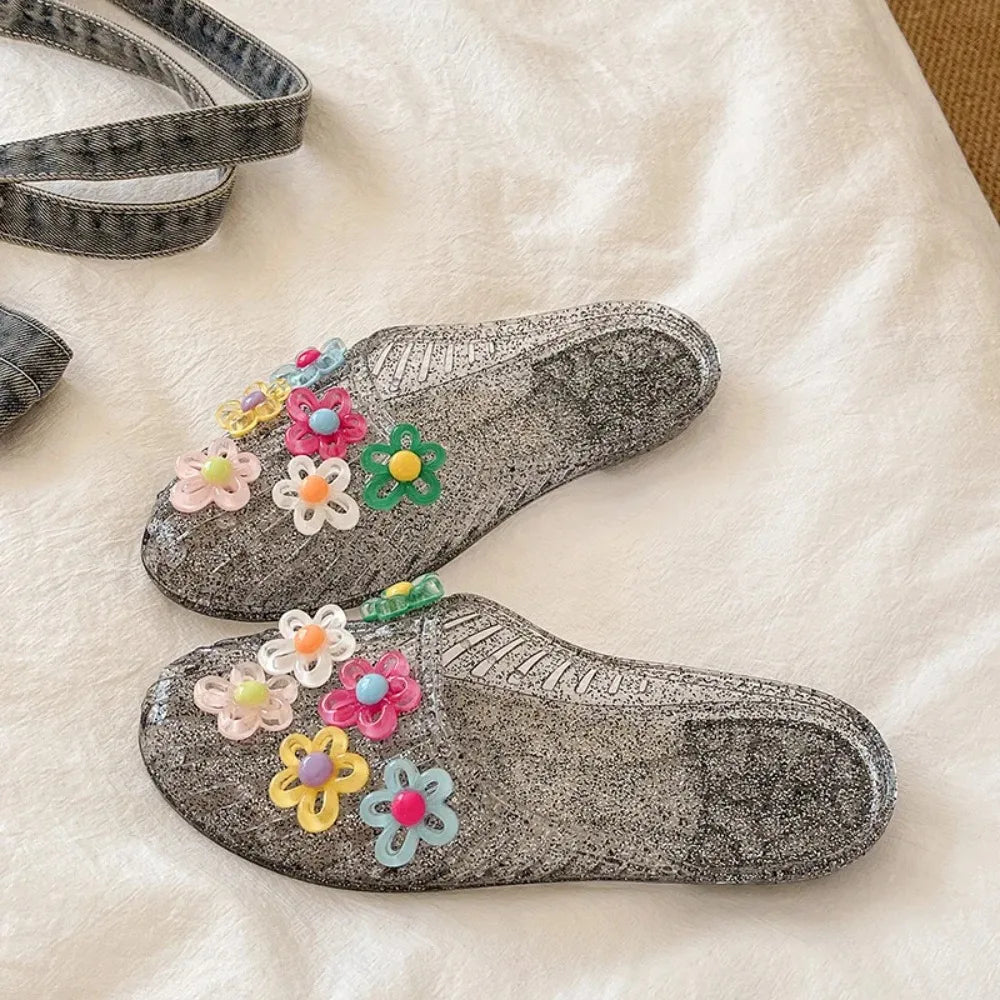 Fashion Women Jelly Slides Sandals Crystal Transparent Beach Slippers Flower Charm Flat Half Shoes Summer Outdoor Casual Sandal