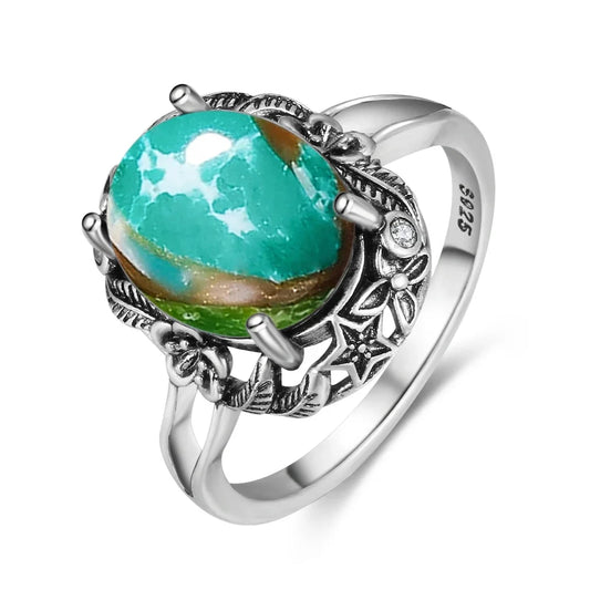 Vintage S925 Sterling Silver Ring with Oval Natural Emperor's Stone Flower Shape Hollow out Ring Fine Jewelry for Women