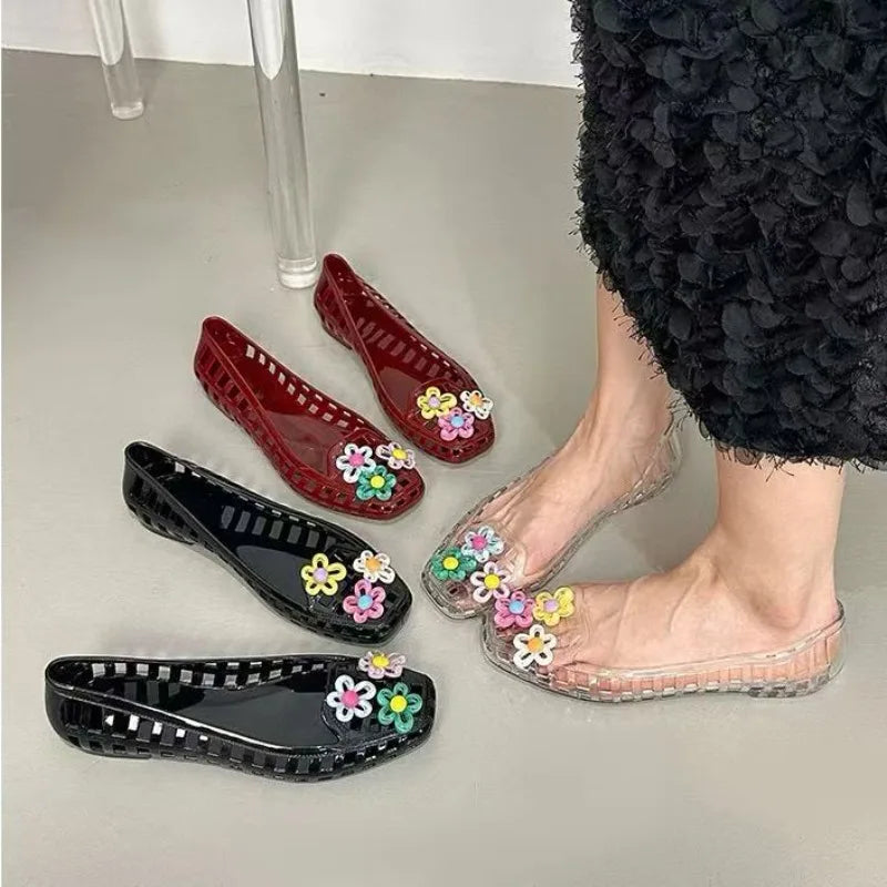 Transparent Crystal Jelly Sandals Hollow Slippers Korean Design Shoes Women's Sauare Toe Shallow Slip Ballet Square-toed Shoes
