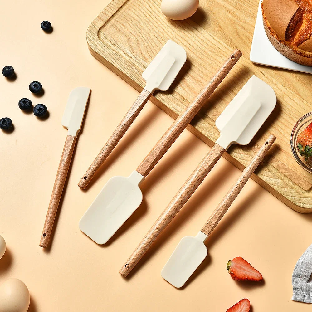 5Pcs Cream Cake Silicone Spatula Wooden Handle Baking Pastry Scraper Blenders Non-stick Kitchen Dessert Cookies Cutter Mixer