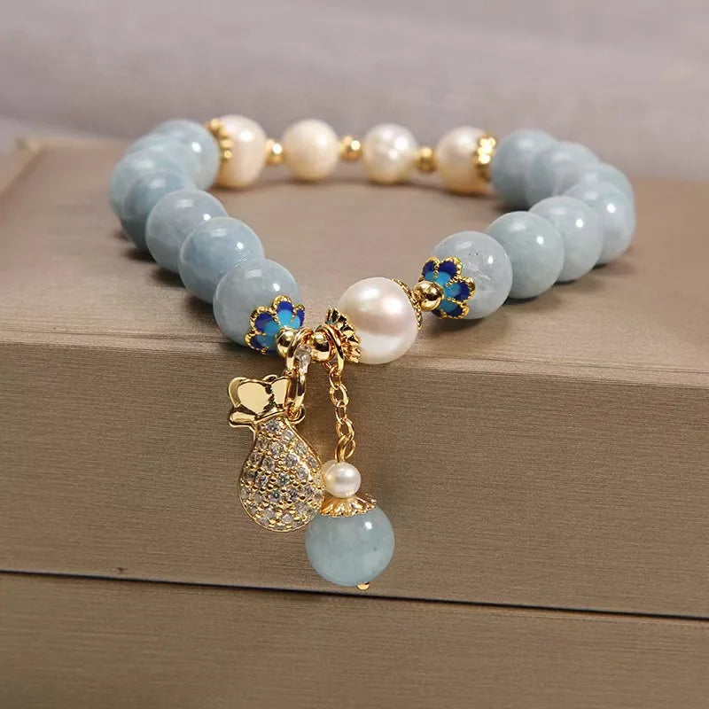 Aquamarine Fu Dai Pearl Bracelet - Chinese Lucky Symbol Jewelry