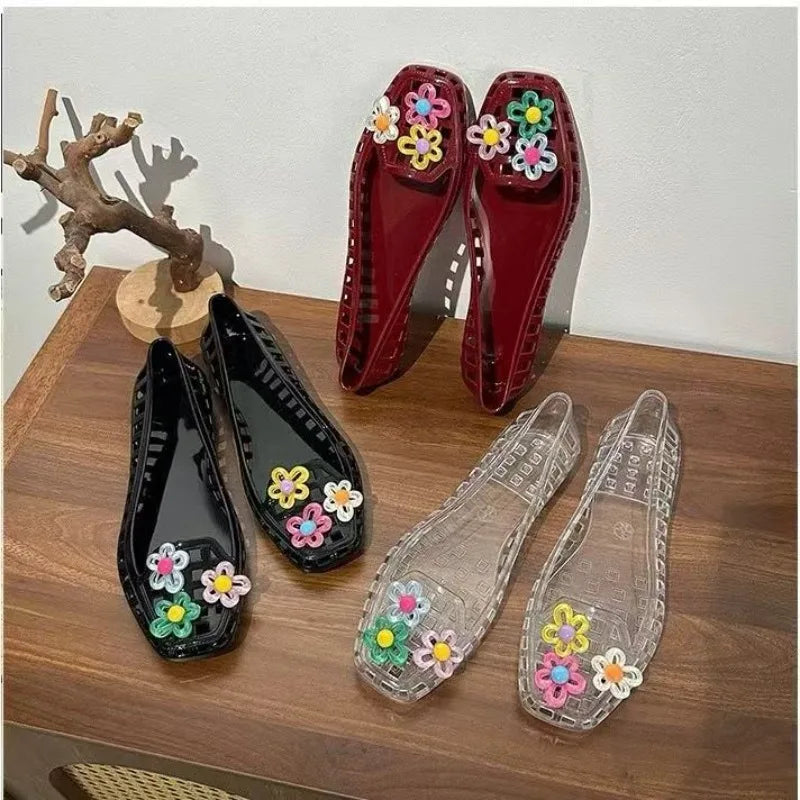 Transparent Crystal Jelly Sandals Hollow Slippers Korean Design Shoes Women's Sauare Toe Shallow Slip Ballet Square-toed Shoes