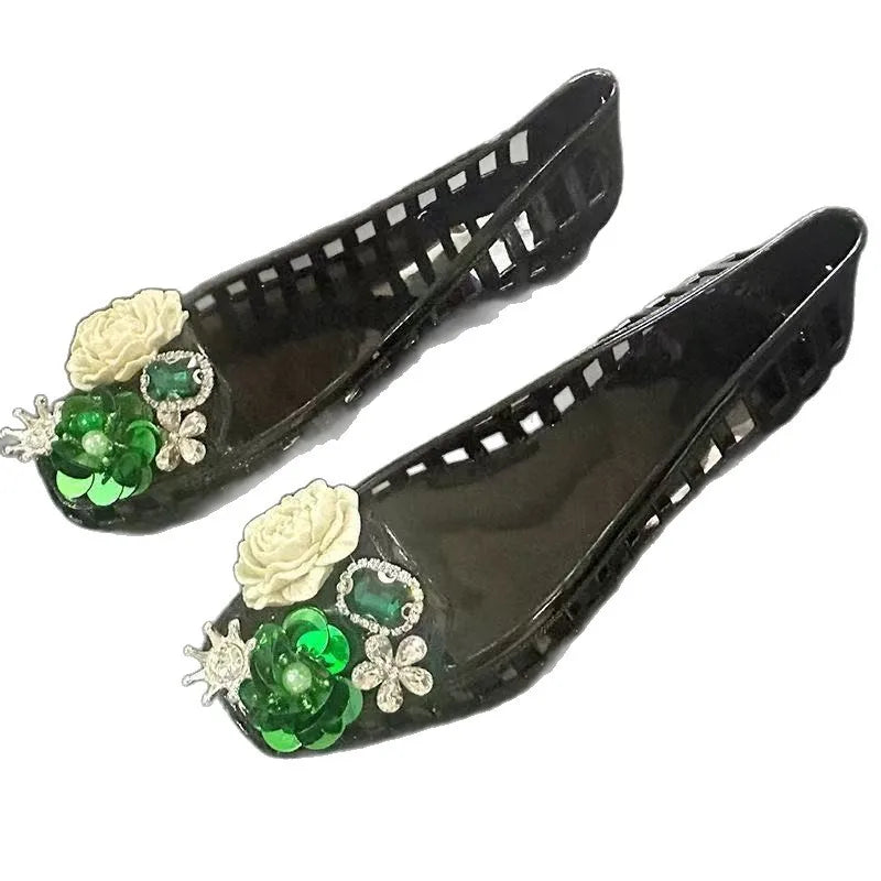Super popular transparent jelly shoes crystal lazy shoes retro holey shoes shallow toe DIY square-toe fashionable women's shoes