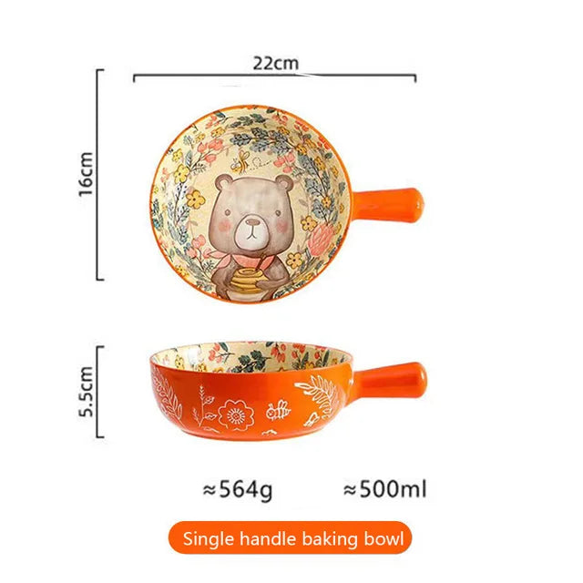 YWDL Ceramic Bakeware With Handle Forest Animals Baking Pan  Underglaze  Kitchen Tableware Salad Bowl Au Gratin Dishes