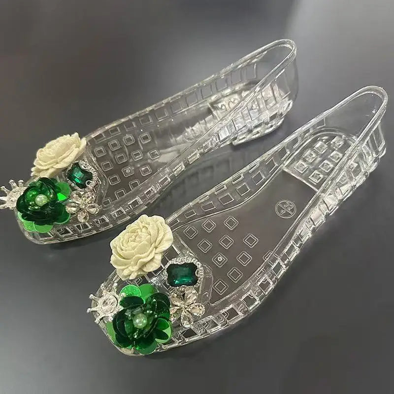 Super popular transparent jelly shoes crystal lazy shoes retro holey shoes shallow toe DIY square-toe fashionable women's shoes